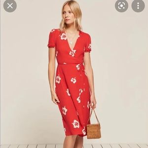 Reformation Addy midi wrap dress in Honolulu red floral print